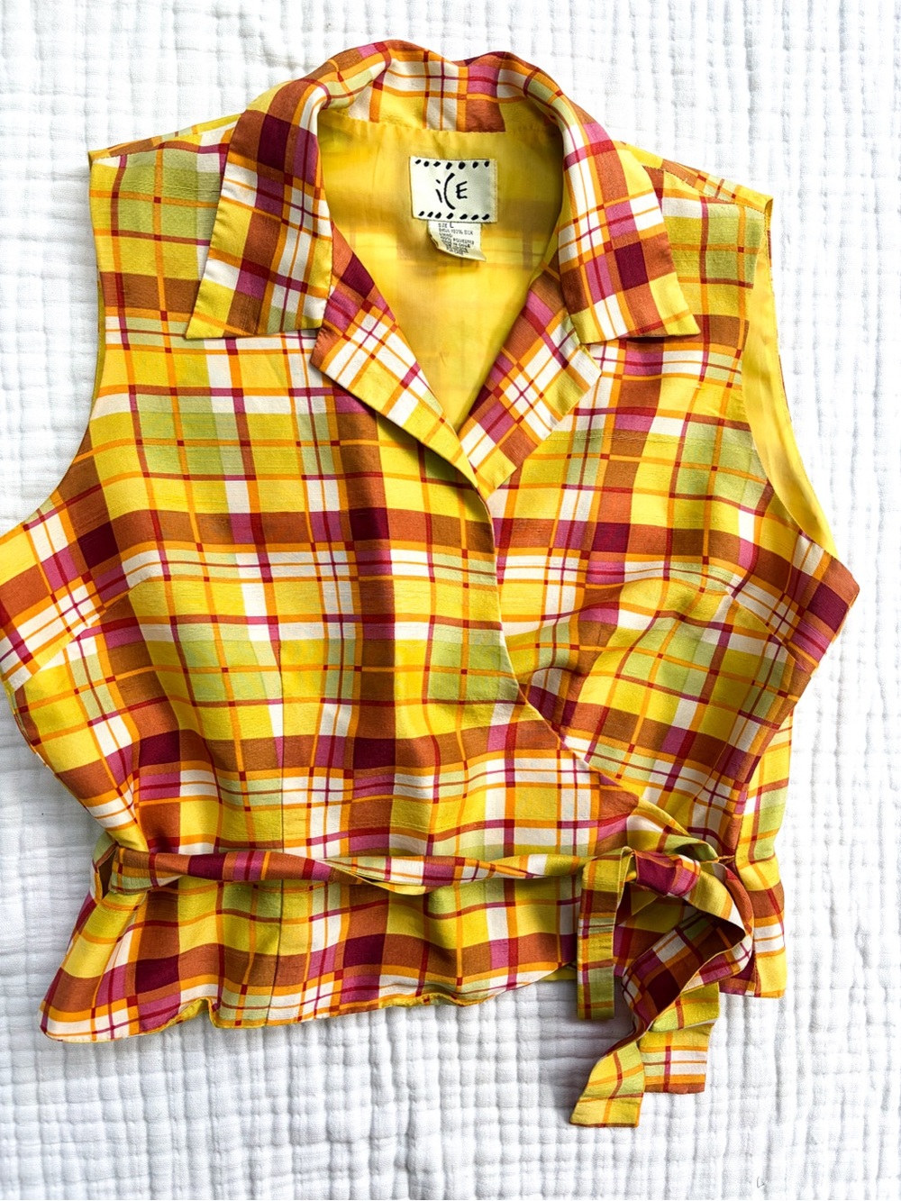Vintage ICE 100% Silk Plaid Wrap Blouse Size Large Yellow Orange Pink